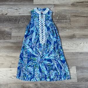 Lilly Pulitzer Blue Print Sleeveless Shift Dress White Loop Trim 0 XS
